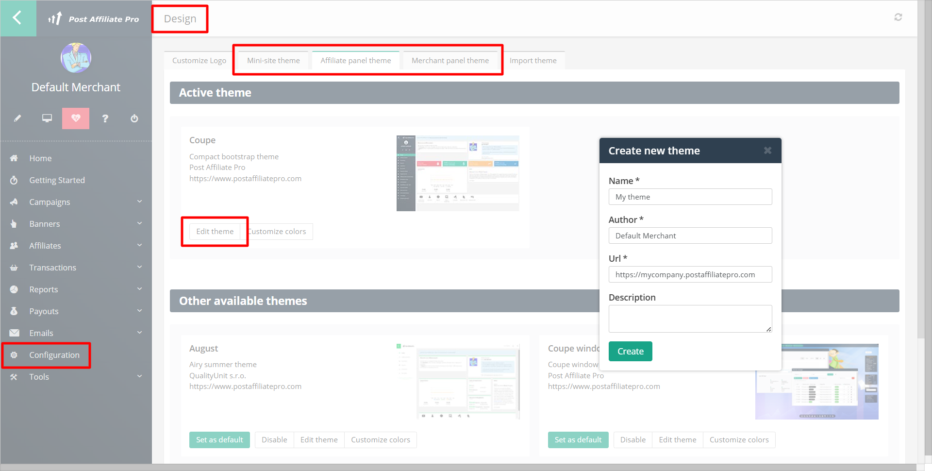 Post Affiliate Pro Design-Panel mit den Tabs Mini-Site-Theme, Affiliate-Panel-Theme und Merchant-Panel-Theme sowie dem geöffneten Dialog zum Erstellen eines neuen Themes