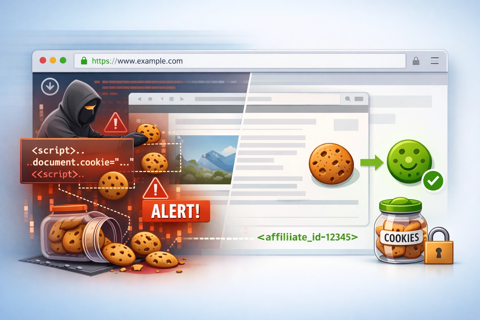Visualisierung von Cookie-Stuffing-Affiliate-Betrug mit verdeckter Cookie-Platzierung