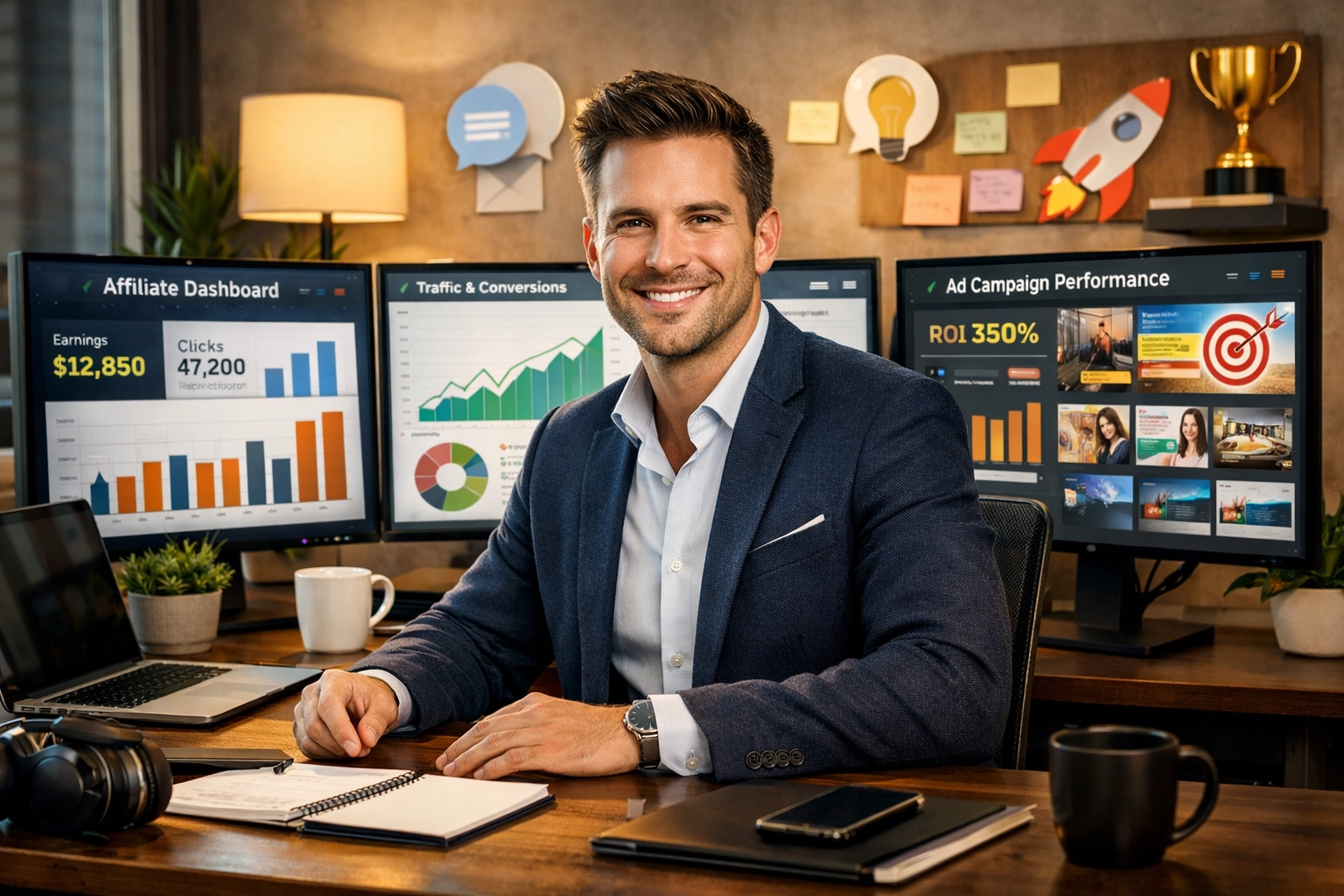 Erfolgreicher Affiliate-Marketer arbeitet mit Analyse- und Marketing-Tools