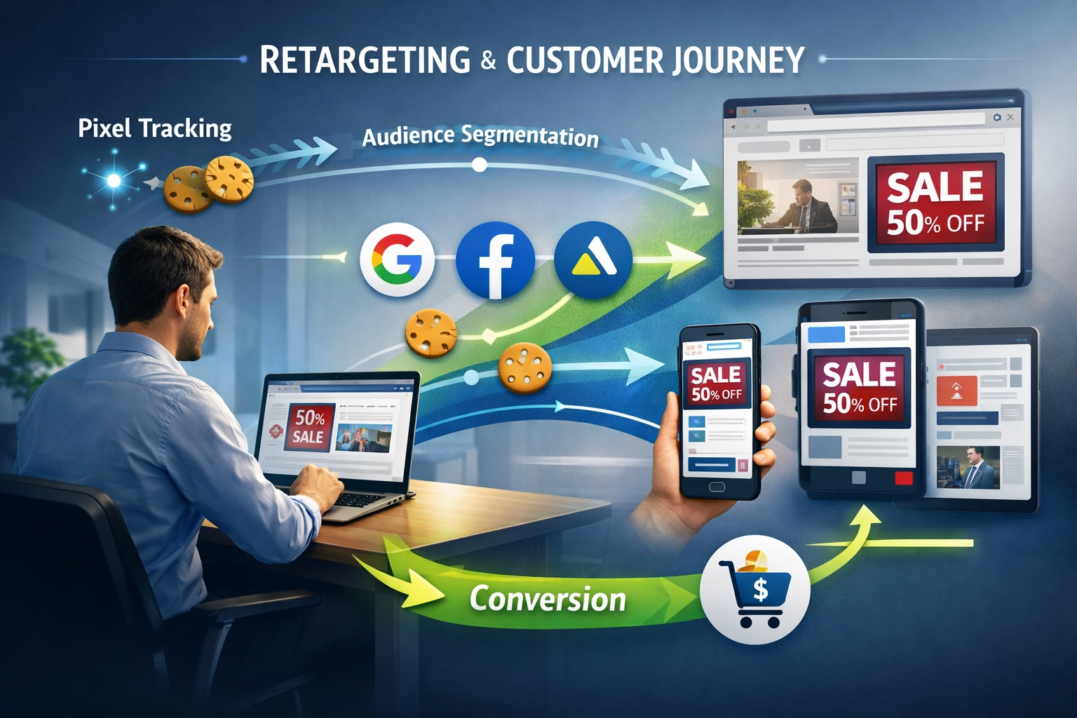 Ad-Retargeting-Konzept, das die Customer Journey mit Tracking-Pixeln und plattformübergreifenden Anzeigen zeigt