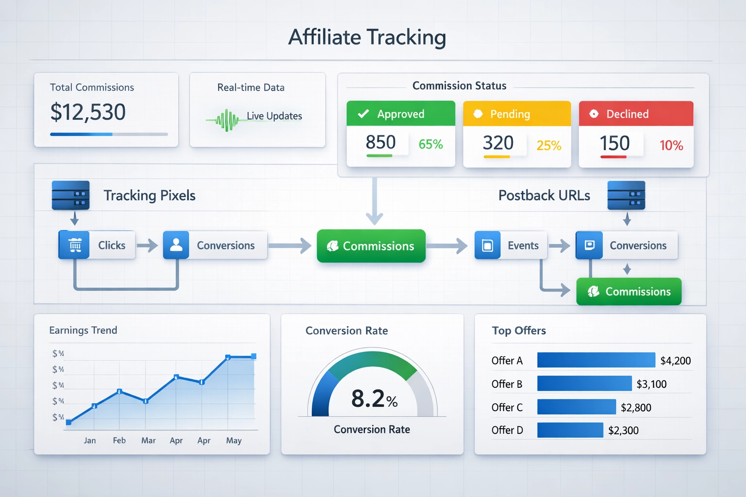 Affiliate-Tracking-Dashboard mit Provisionsstatus-Indikatoren und Echtzeitdaten