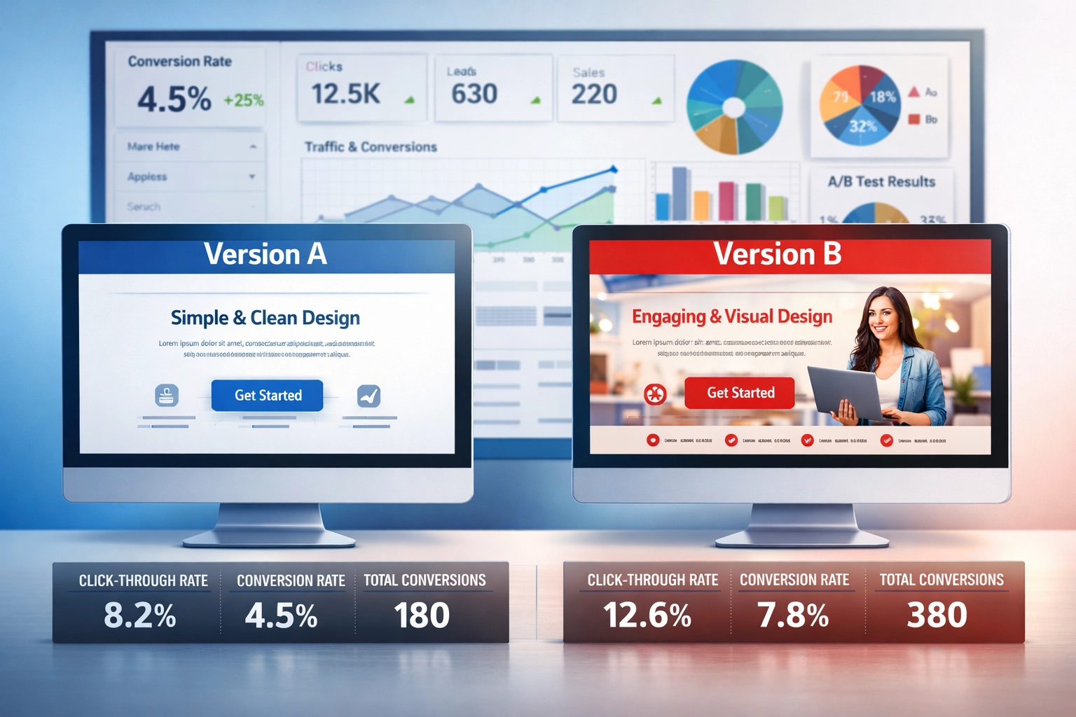 A/B-Testing-Konzept mit zwei Landingpage-Varianten und Analytics-Dashboard