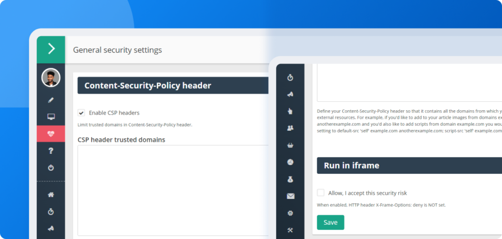 Konfigurationsbildschirm zeigt, wie man CSP-Header aktiviert und vertrauenswürdige Domains in Post Affiliate Pro festlegt