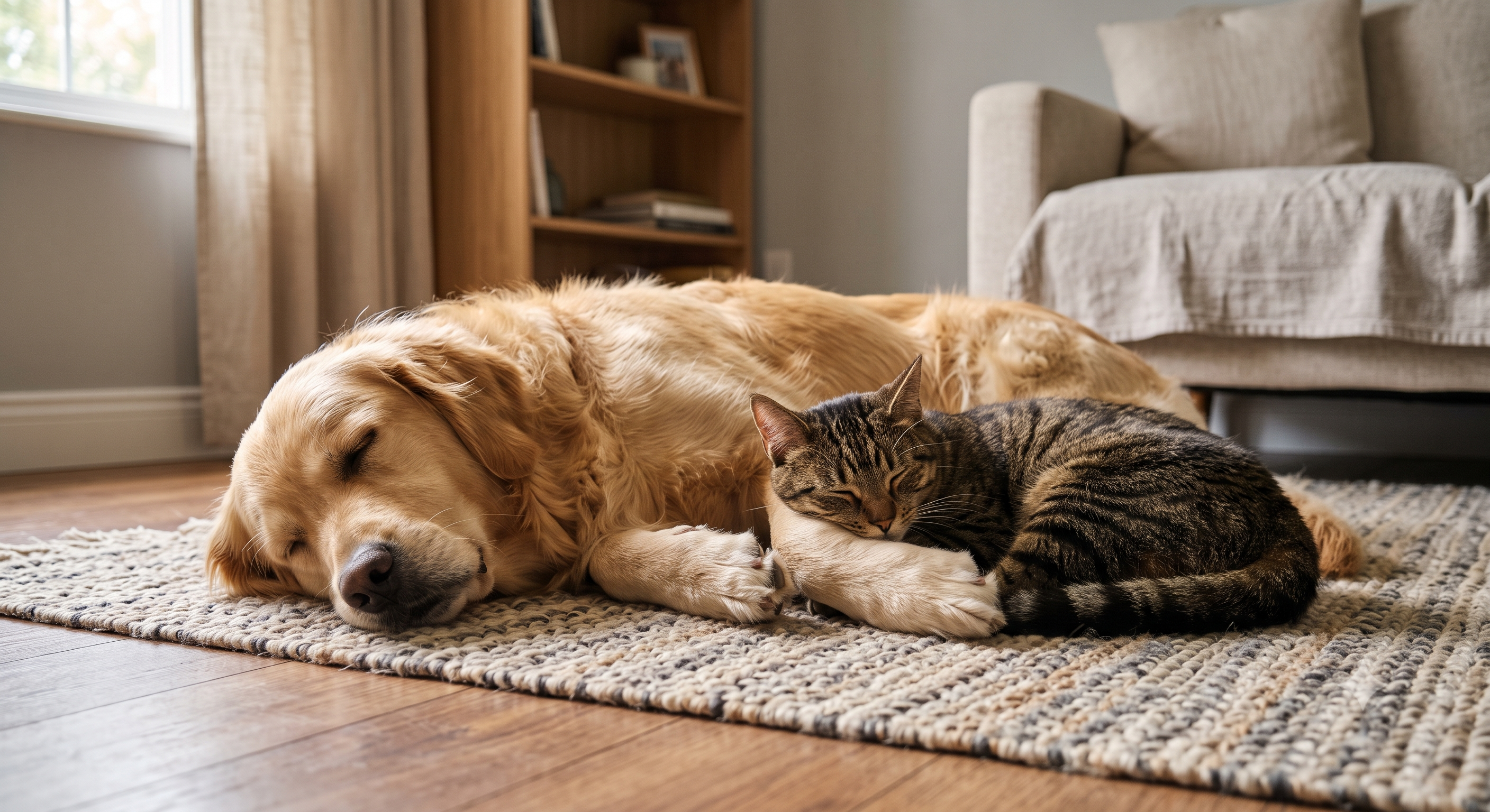 Ein Hund und eine Katze, die nebeneinander liegen