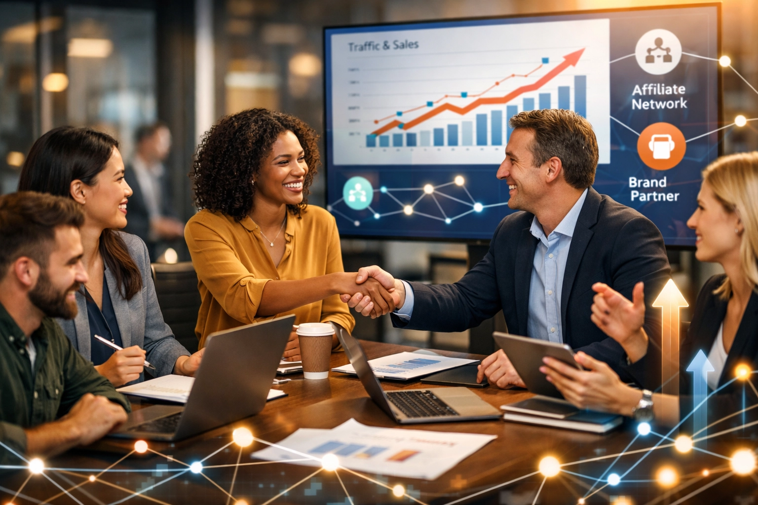 Professionelles Affiliate-Marketing-Team arbeitet mit Markenvertretern zusammen