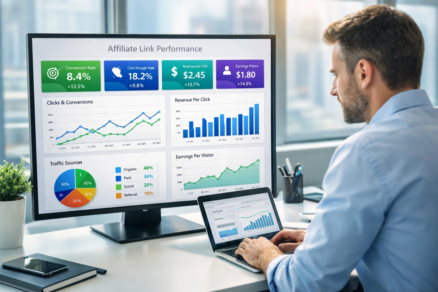 Professionelles Analyse-Dashboard mit Leistungskennzahlen von Affiliate-Links, einschließlich Conversion-Rate, Klickrate und Umsatzdaten