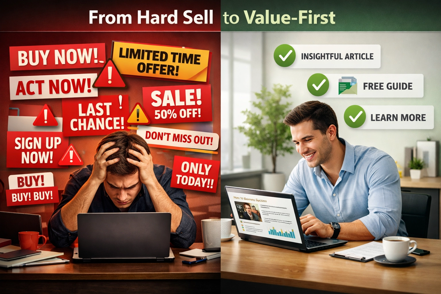 Kontrast zwischen aggressiven Verkaufstaktiken und wertorientiertem Content-Marketing