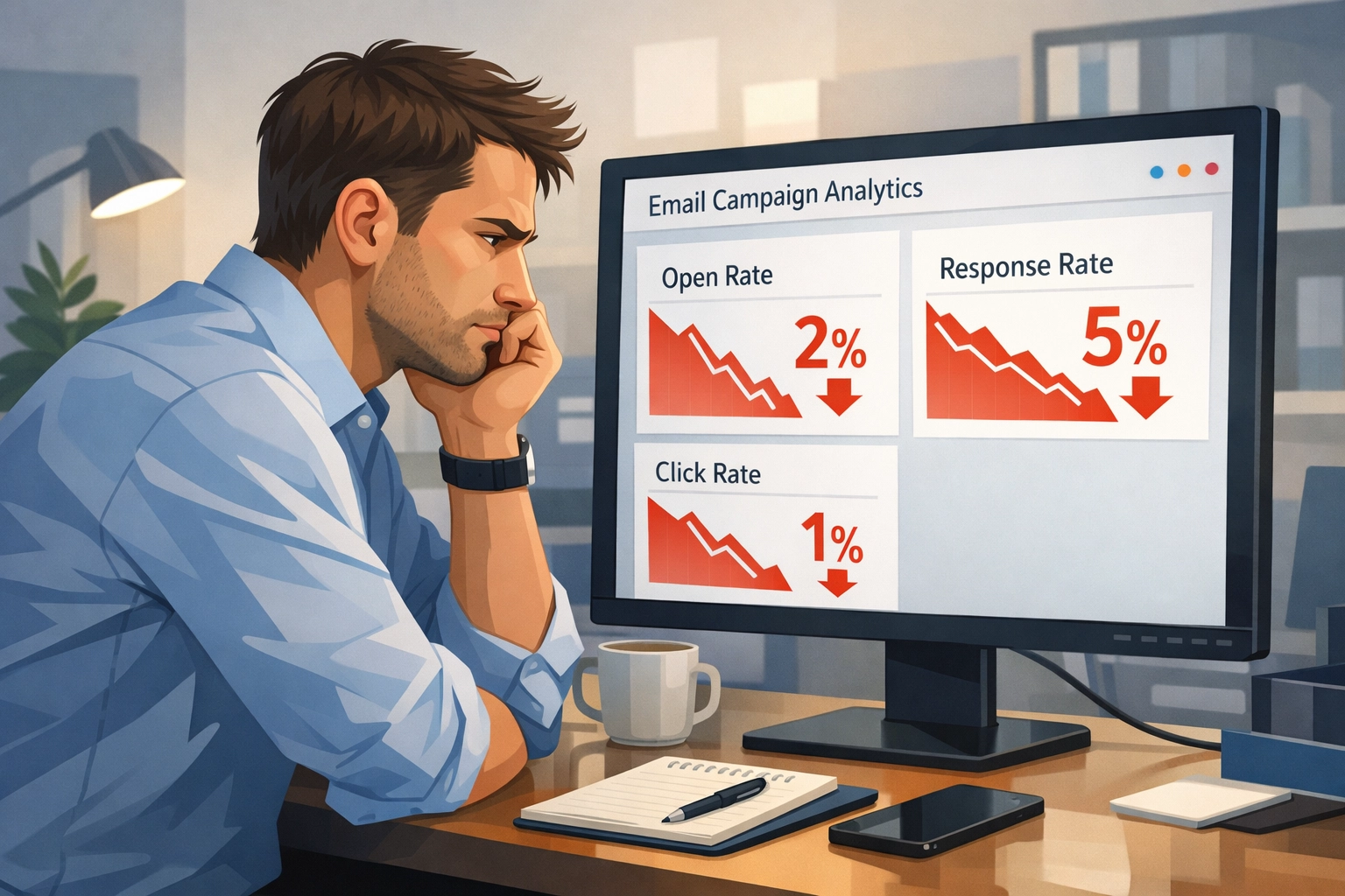 Frustrierter Marketer analysiert sinkende Antwortquoten bei Cold Emails