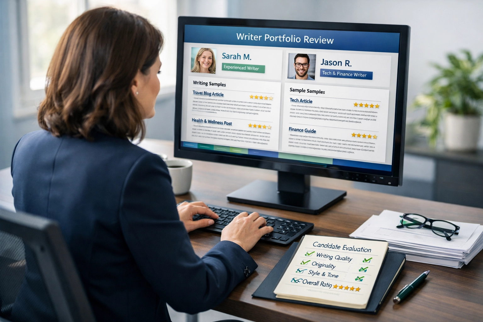 Professioneller prüft Portfolios freiberuflicher Autoren am Computer