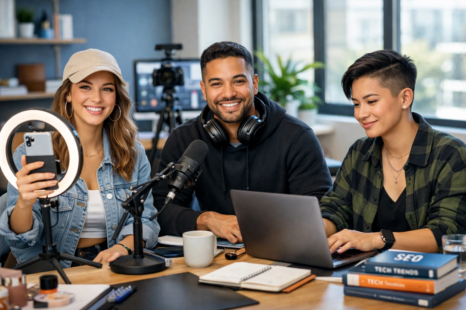 Vielfältige Content-Creators arbeiten zusammen: Social-Media-Influencer, YouTuber und Tech-Blogger im modernen Tech-Startup-Büro