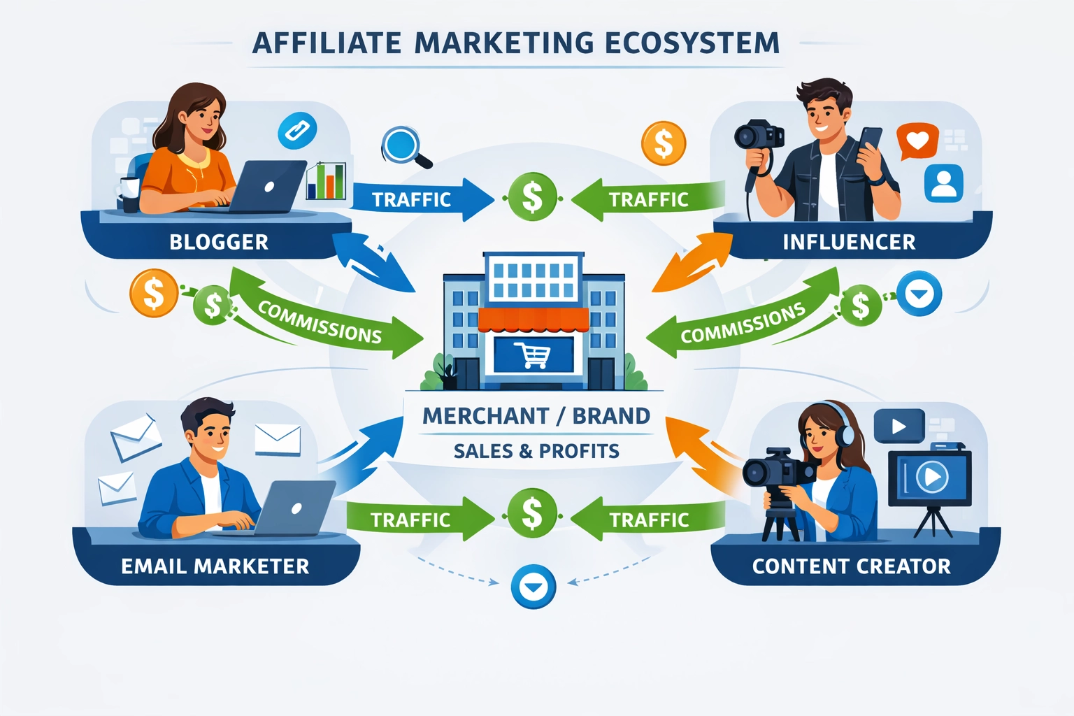 Affiliate-Marketing-Ökosystem mit Händlern, Affiliates und Provisionsflüssen