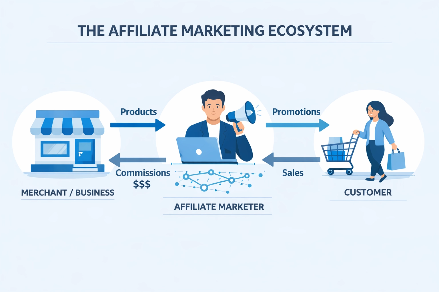 Affiliate-Marketing-Ökosystem mit Händler, Affiliate-Marketer und Kunde mit Tracking-Links und Provisionsfluss