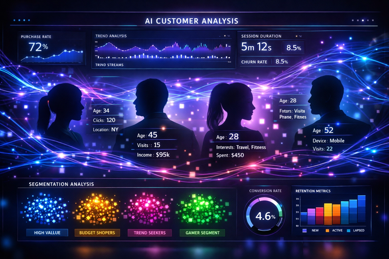 KI analysiert Kundendaten mit neuronalen Netzwerk-Mustern und Mikrosegmentierungs-Visualisierung