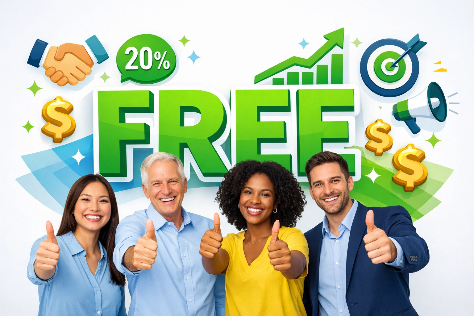 Free to join affiliate marketing with diverse people celebrating