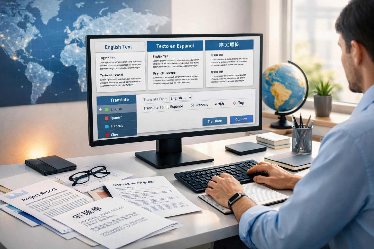 Professioneller Arbeitsplatz mit mehrsprachigen Inhalten und Dokumenten in verschiedenen Sprachen