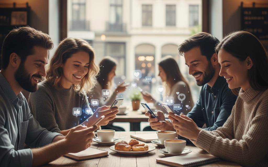 Gruppe diverser Menschen, die an einem Tisch sitzen und Social-Media-Analysen und Engagement-Metriken auf ihren Mobilgeräten überprüfen