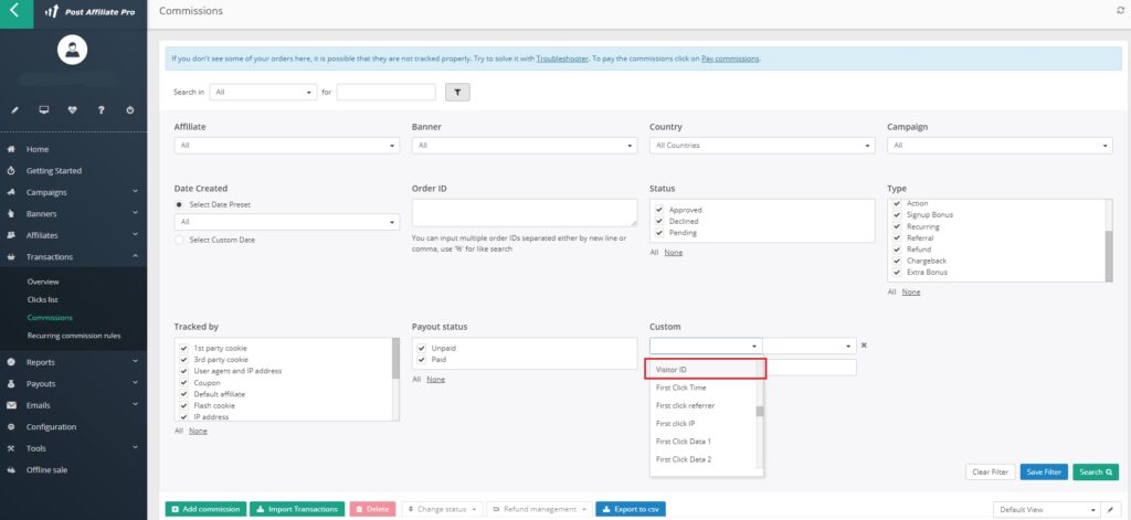 Post Affiliate Pro - Besucher-ID-Filter in der Provisionsliste