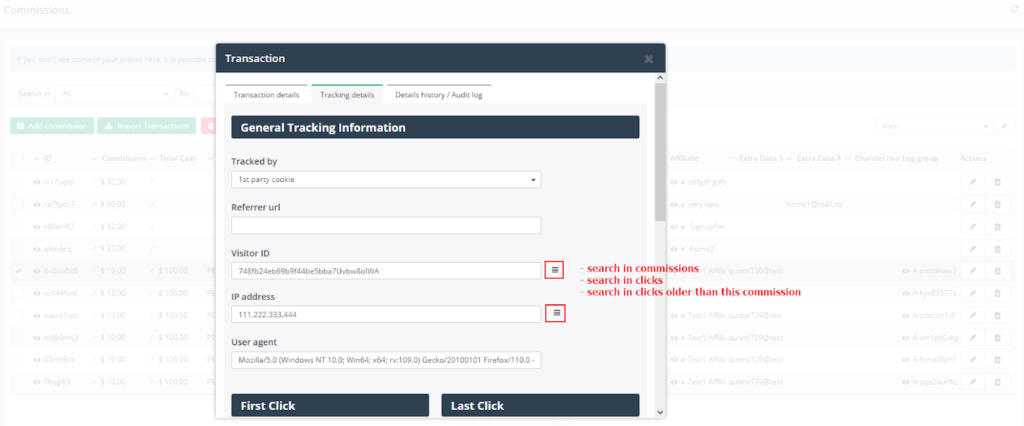 Post Affiliate Pro - Neuer Suchbutton im Transaktionsdetail-Bildschirm