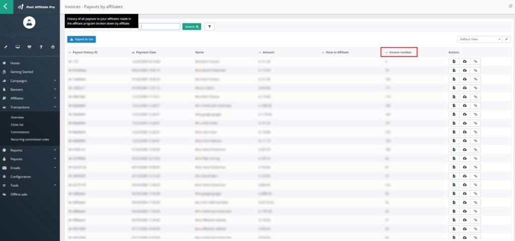 Post Affiliate Pro - Rechnungssuche nach Rechnungsnummer
