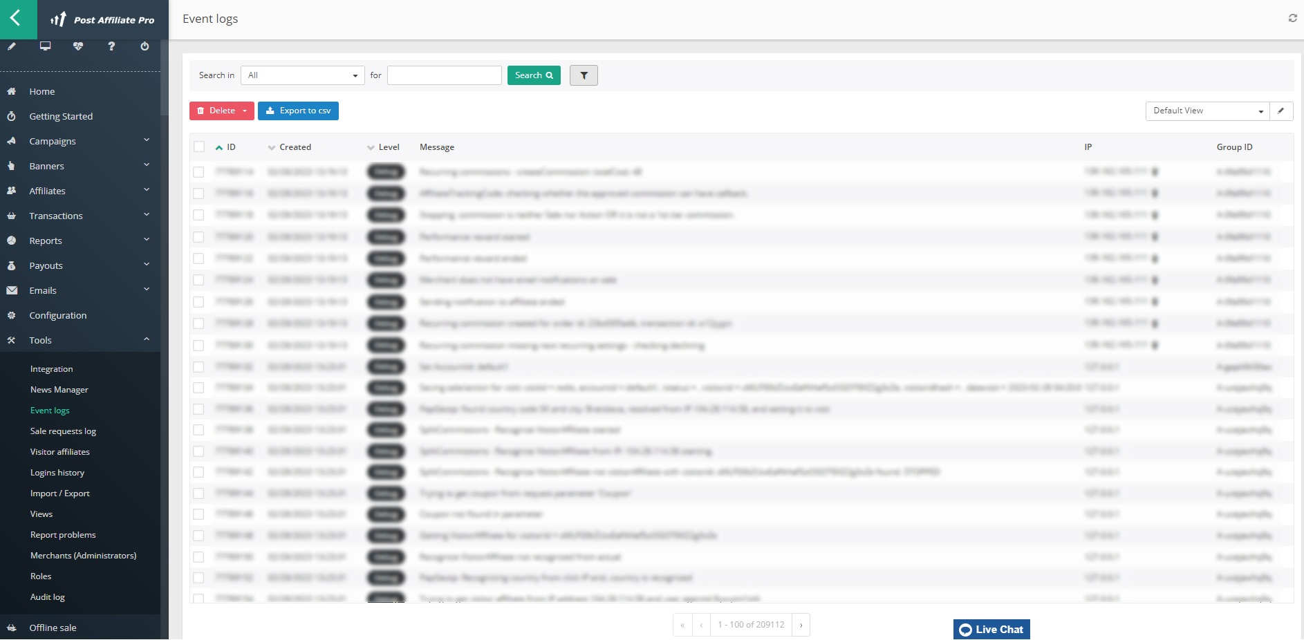 Post Affiliate Pro - Übersicht Event-Log