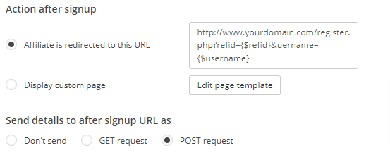 Settings for action after signup
