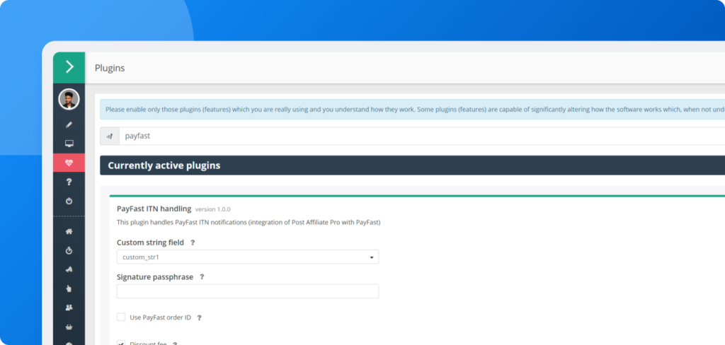Konfigurationsbildschirm zeigt Aktivierung und Konfiguration des PayFast ITN-Verarbeitungs-Plugins in Post Affiliate Pro