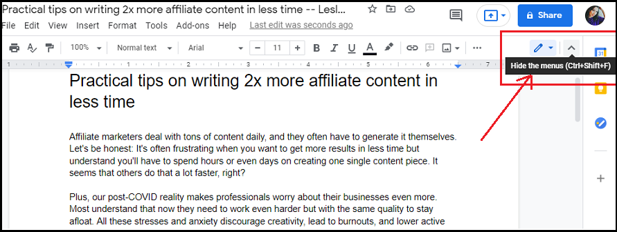 screenshot from writing app