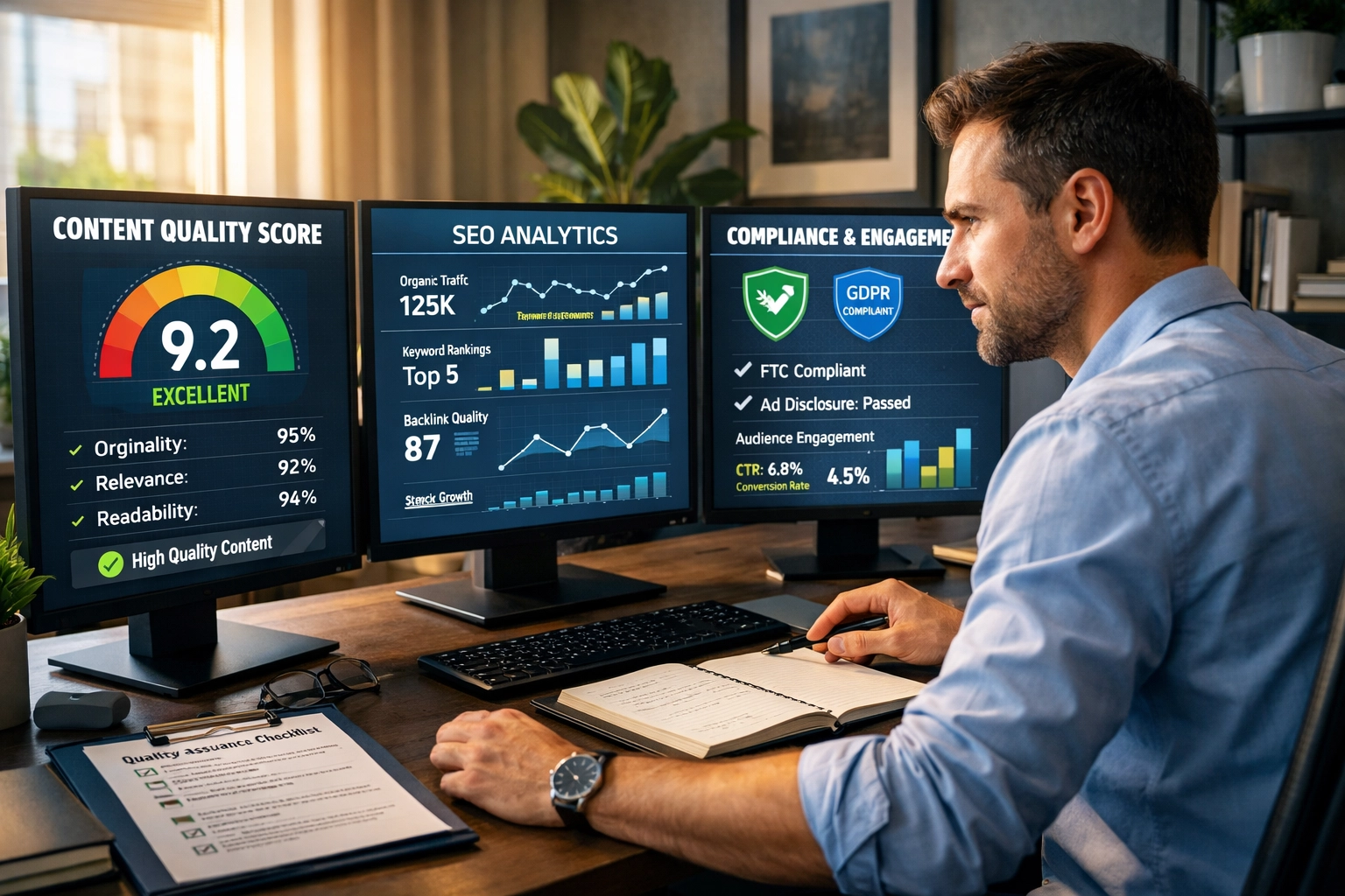 Professional affiliate marketer reviewing content quality standards on multiple monitors with analytics dashboards