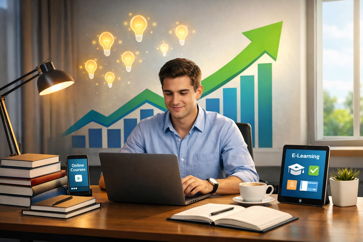 Professionelle Person beim Lernen und Wachsen mit aufwärts gerichteten Pfeilen, Glühbirnensymbolen und Technologie-Elementen als Zeichen für kontinuierliche Entwicklung