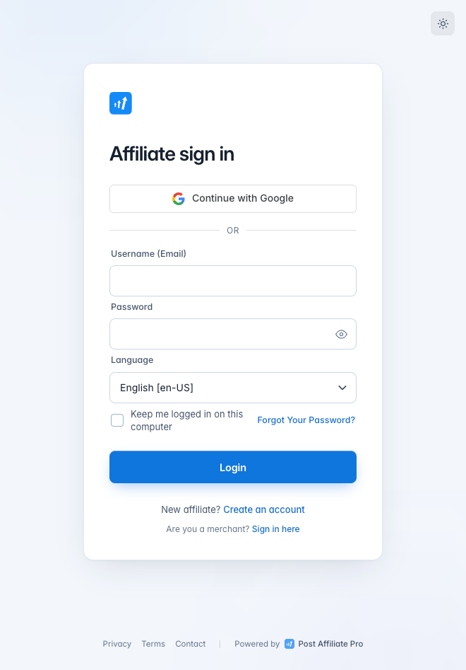 Post Affiliate Pro Anmelden mit Google-Button auf dem Anmeldebildschirm