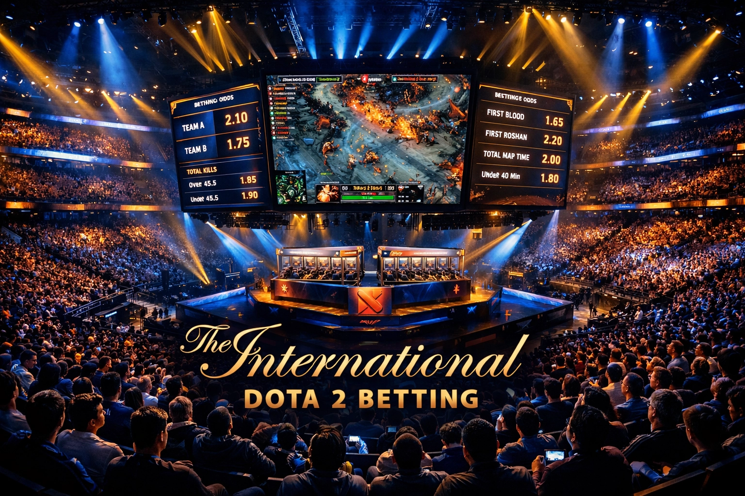 The International Dota 2 tournament arena with betting odds displayed
