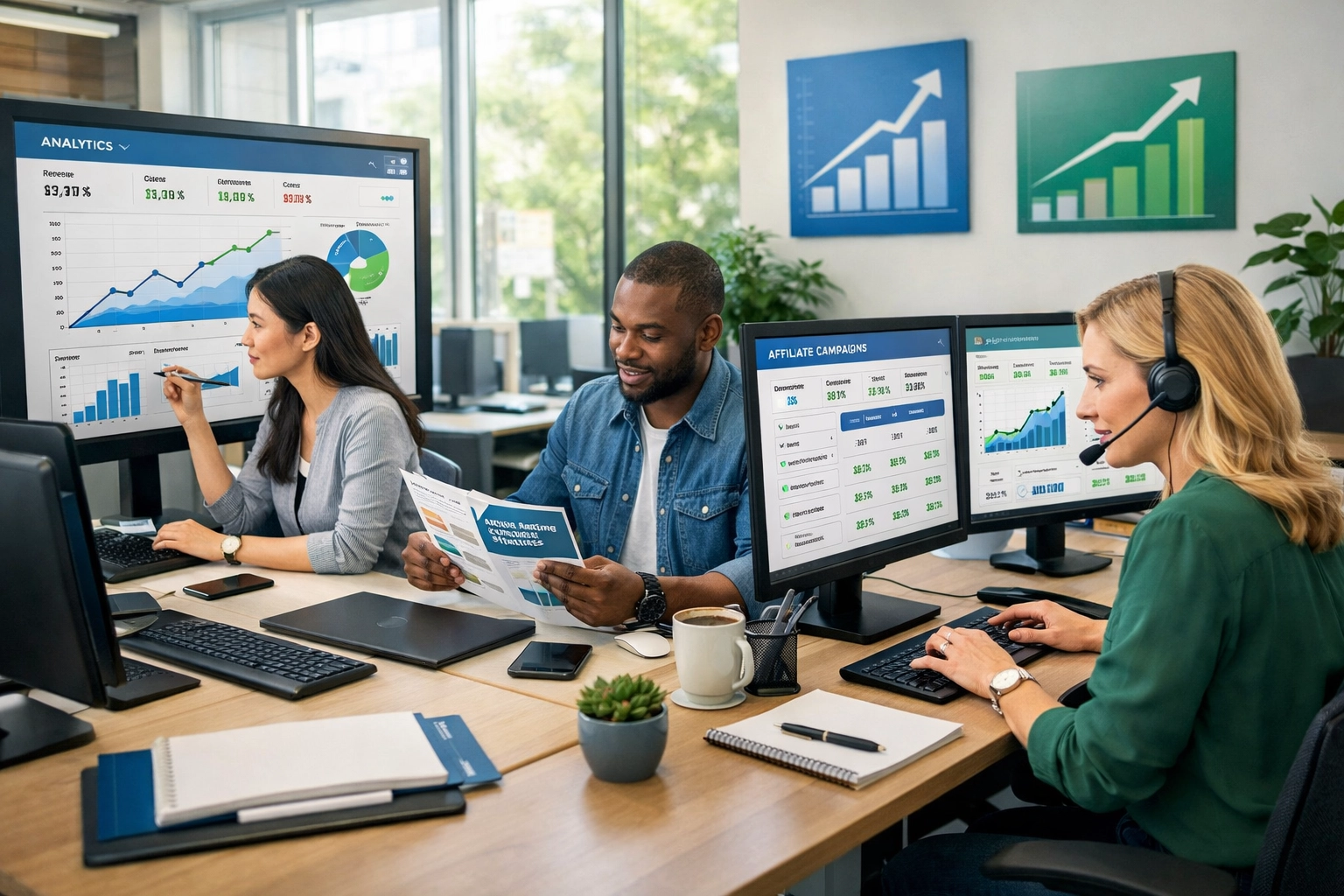 Professionelles Affiliate-Marketing-Team, das gemeinsam Daten analysiert und Kampagnen verwaltet