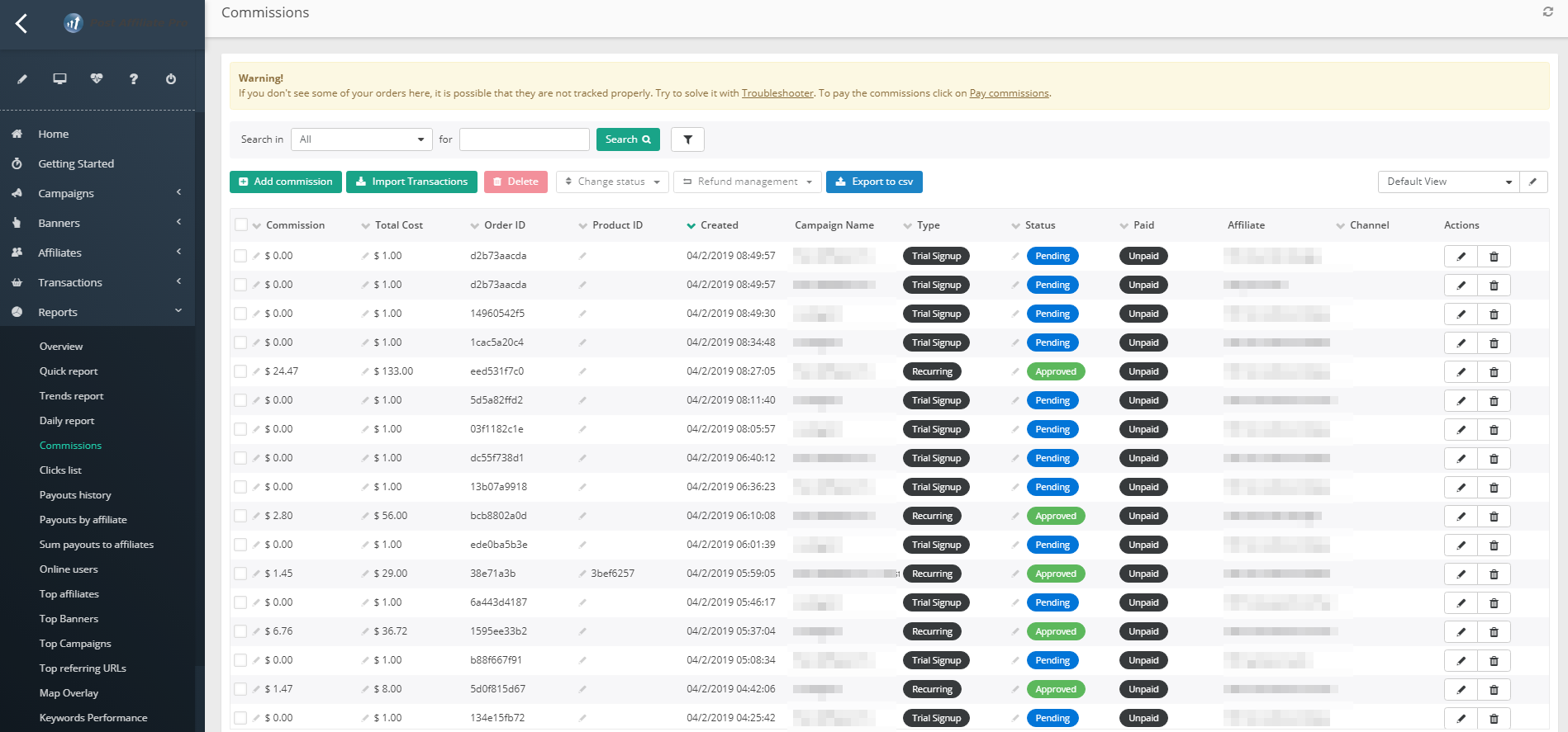 Post Affiliate Pro reports dashboard showing commissions