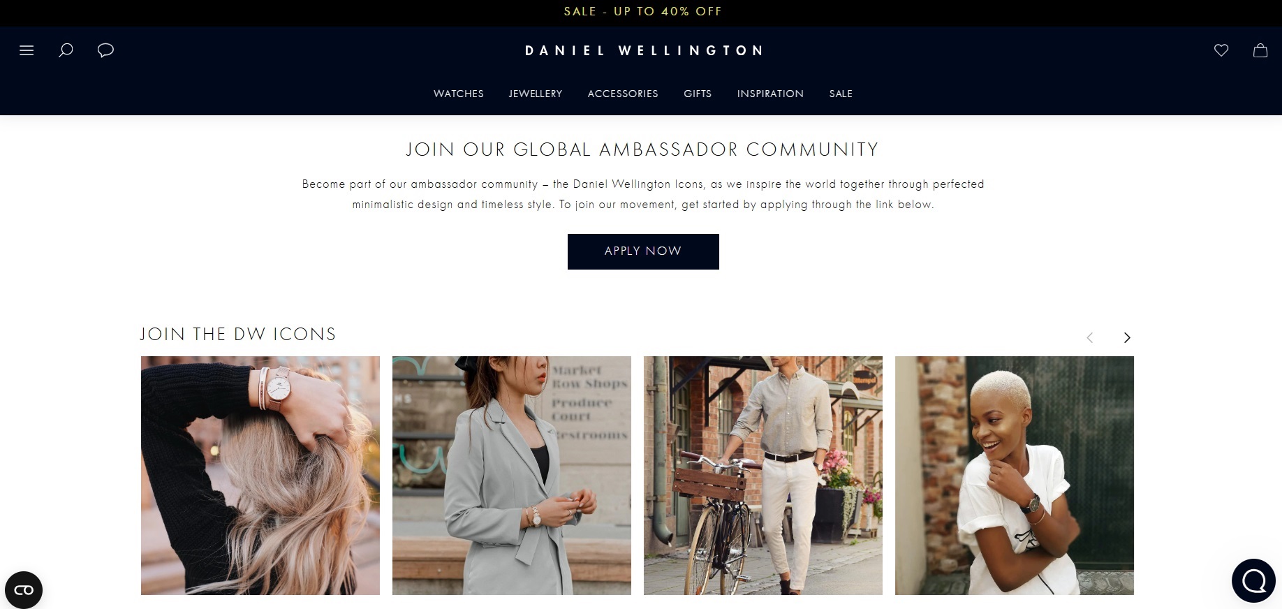 Screenshot der Botschafter-Seite von Daniel Wellington.