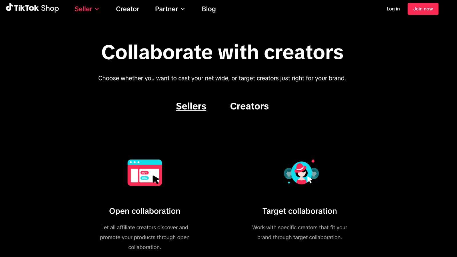 The TikTok Shop homepage inviting Sellers and Creators to open collaboration.