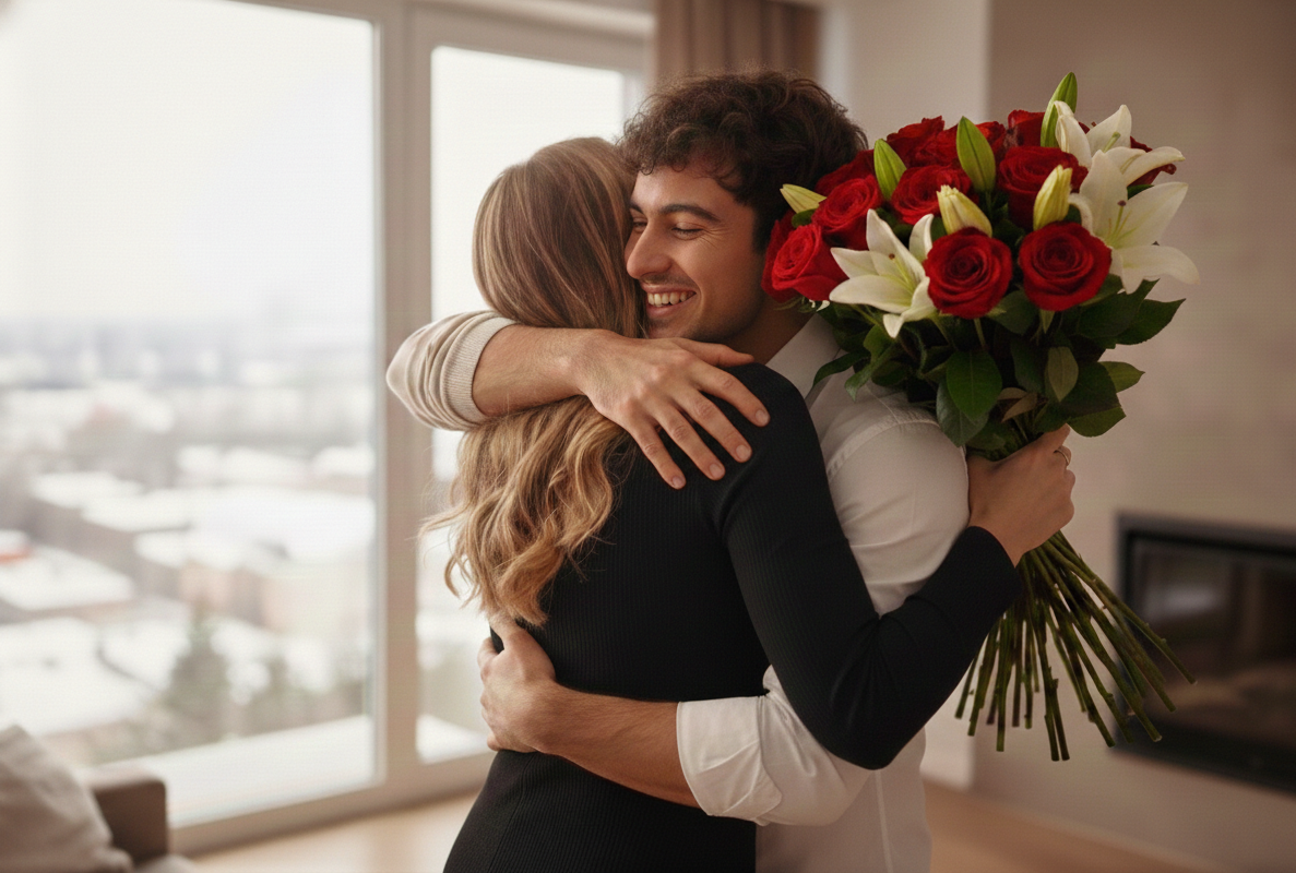 Eine Frau mit Blumen umarmt einen Mann