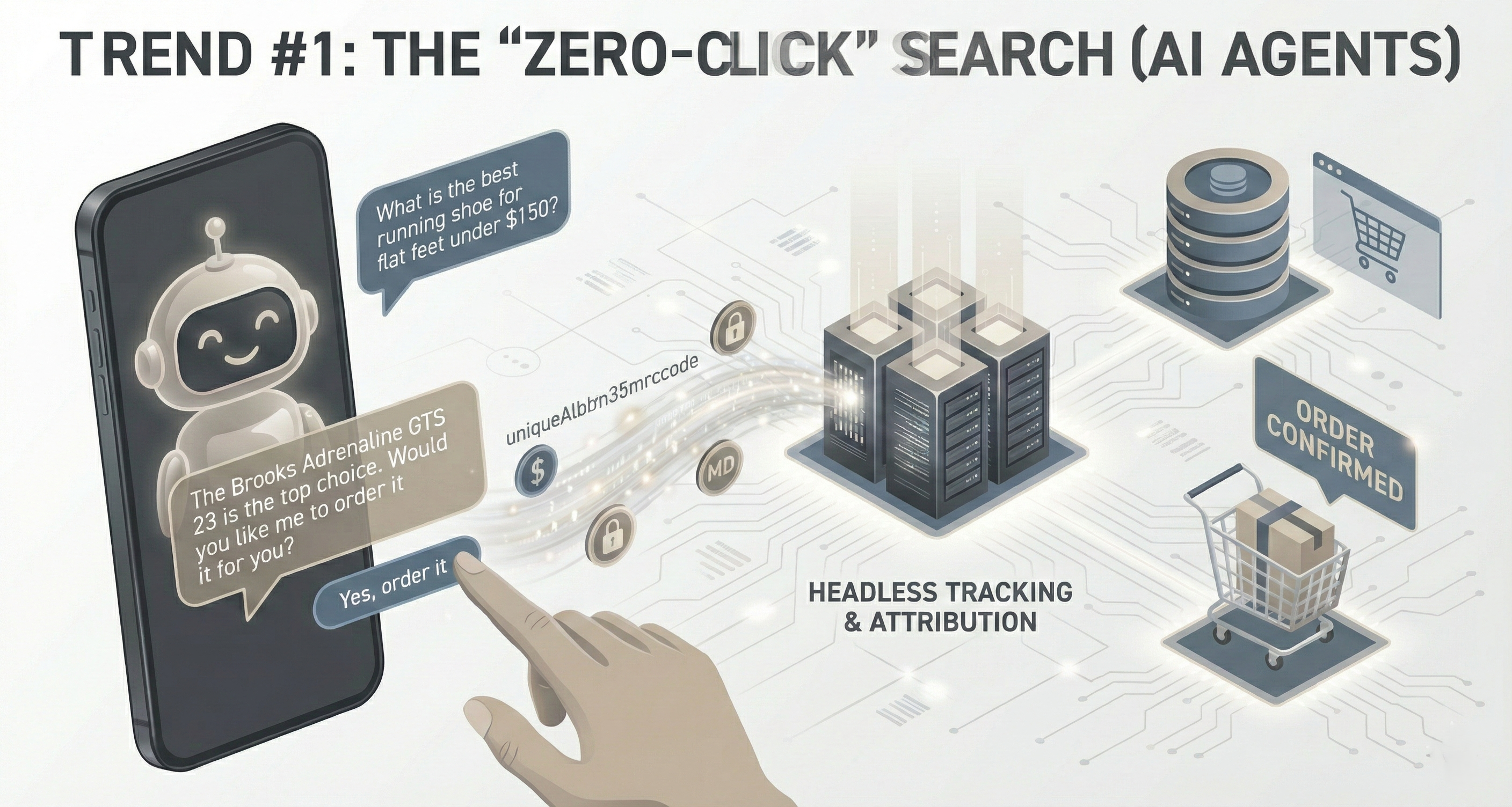 KI-Chatbot-Oberfläche zeigt ein Zero-Click-Such-Beispiel, bei dem ein KI-Agent direkt auf die Produktfrage eines Nutzers antwortet, ohne dass dieser auf Suchergebnisse klicken muss