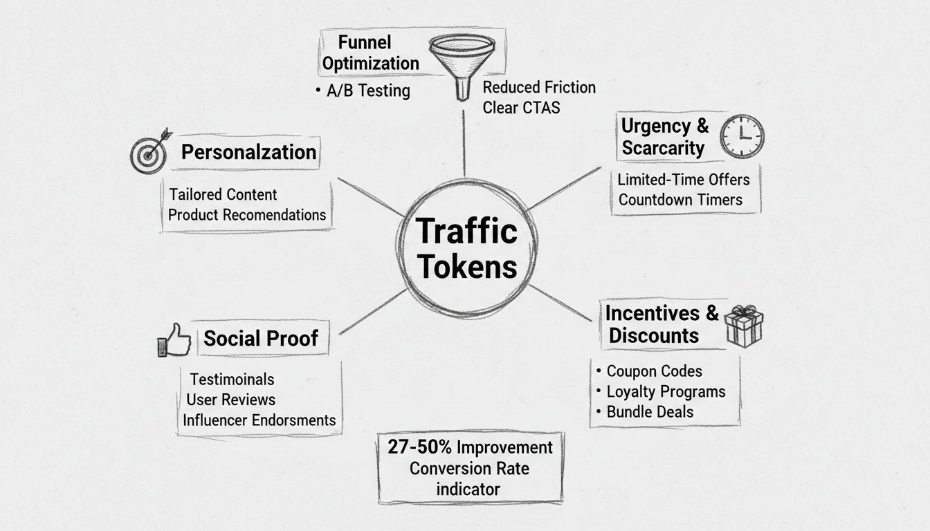 Diagramm der Traffic-Token-Conversion-Optimierungsstrategien mit Dringlichkeit, Anreizen, Social Proof, Personalisierung und Funnel-Optimierung