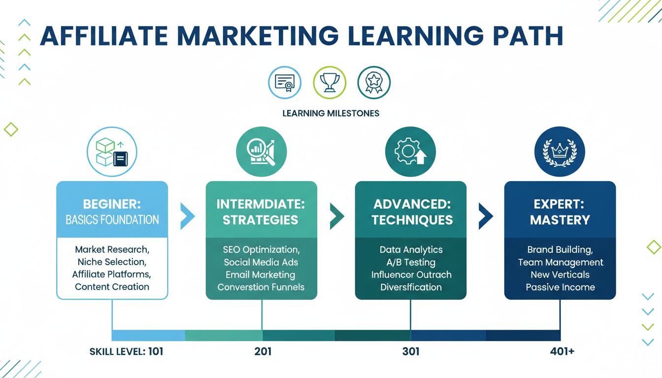 Affiliate-Marketing-Lernfortschritt vom Anfänger zum Profi mit schrittweisem Weg: Grundlagen, Zwischenstrategien, fortgeschrittene Techniken und Expertenniveau