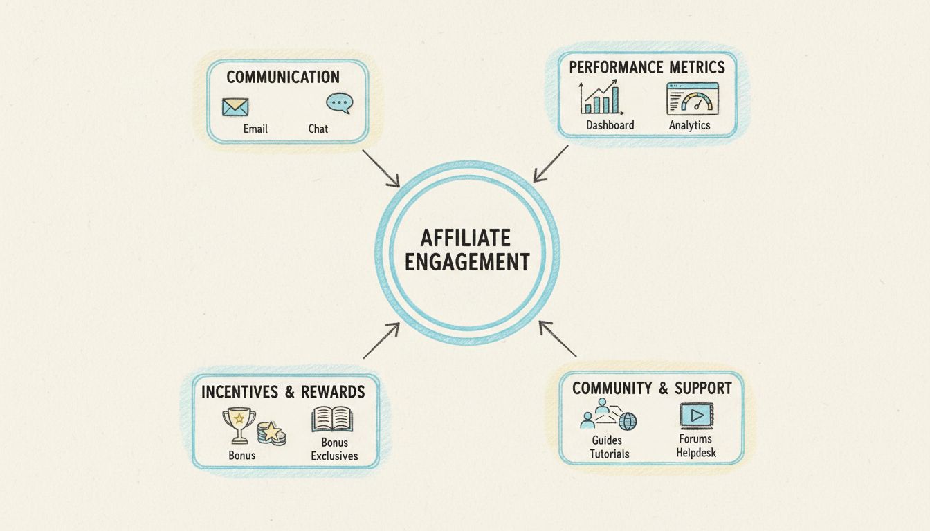 Affiliate-Engagement-Strategie-Rahmen, der Kommunikation, Leistungsmetriken, Anreize, Schulung und Community-Support zeigt