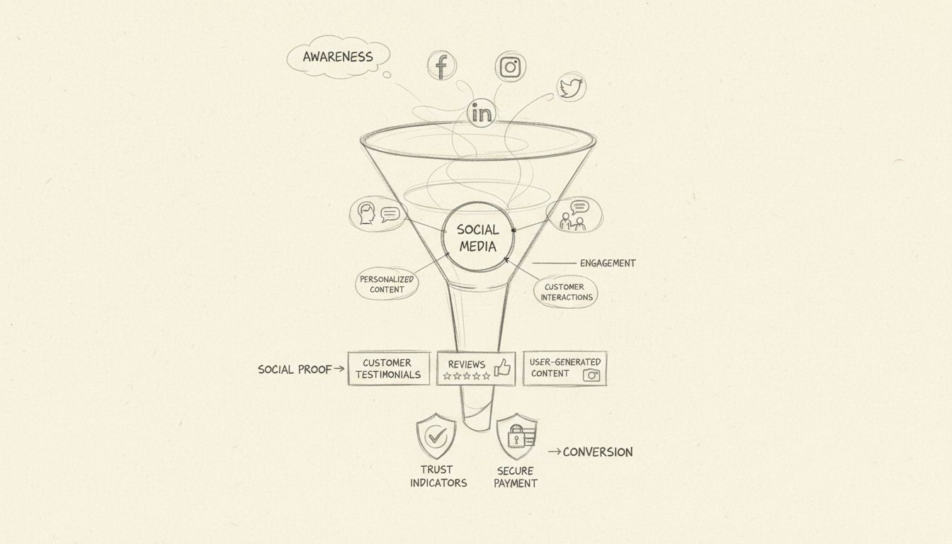 Inbound-Marketing-Funnel-Diagramm mit Social-Media-Engagement, personalisierten Inhalten, Social Proof und Konversionsstufen