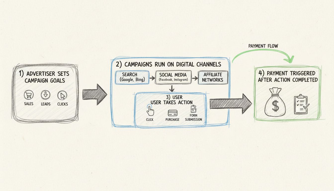 Ablaufdiagramm für Performance-basiertes Marketing mit Kampagnenzielen, digitalen Kanälen, Nutzeraktionen und Zahlungsauslösern