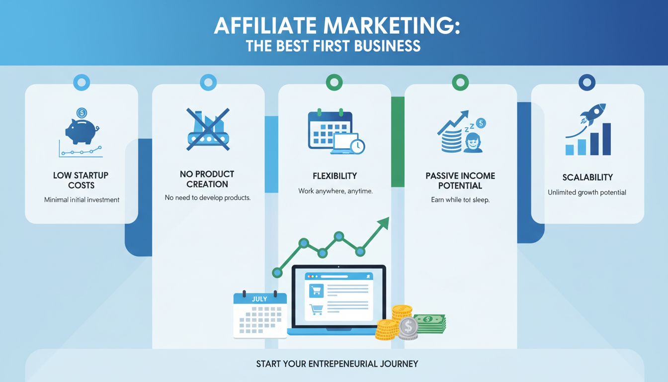 Infografik zeigt Vorteile von Affiliate-Marketing als erstes Business: niedrige Kosten, Flexibilität, passives Einkommen und Skalierbarkeit