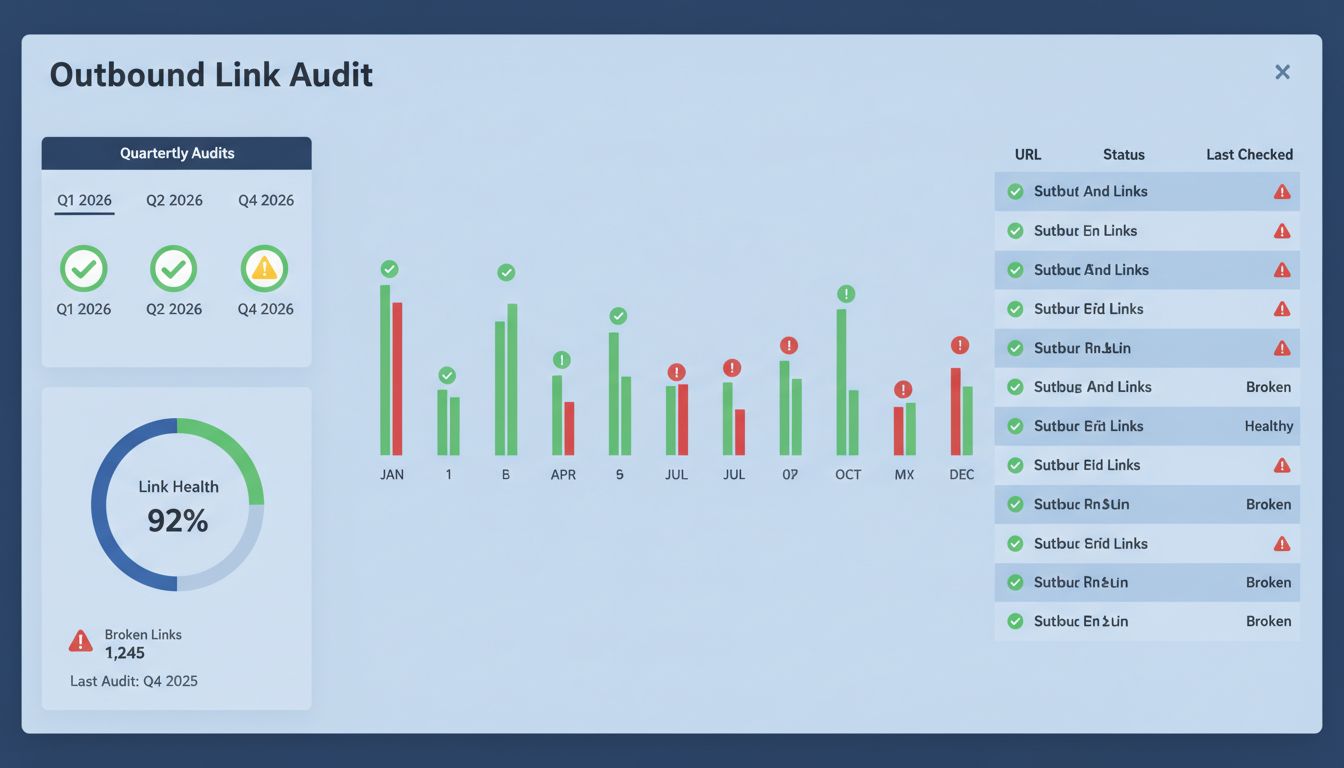 Professionelles Dashboard mit vierteljährlichem Audit-Plan für ausgehende Links, Linkgesundheitsmetriken und Erkennung defekter Links