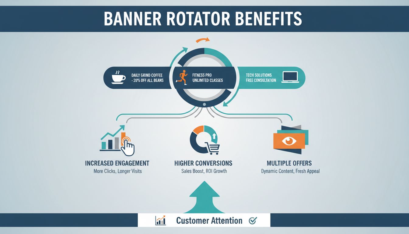 Infografik zu Banner-Rotator-Vorteilen mit rotierenden Werbebannern, Engagement-Metriken und Conversion-Tracking