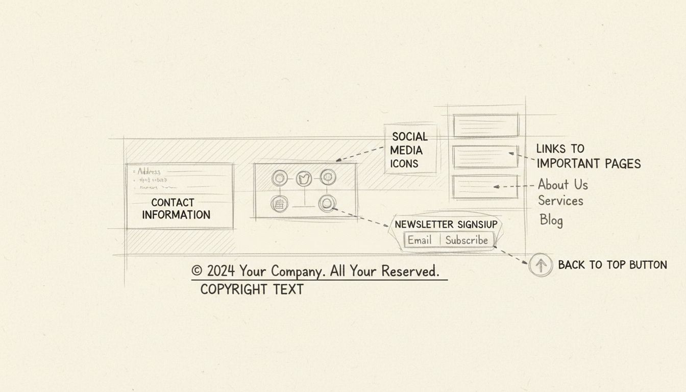 Diagramm des Website-Footers mit Kontaktinformationen, Social-Media-Icons, Copyright-Text, Navigationslinks, Newsletter-Anmeldeformular und Zurück-zum-Anfang-Button