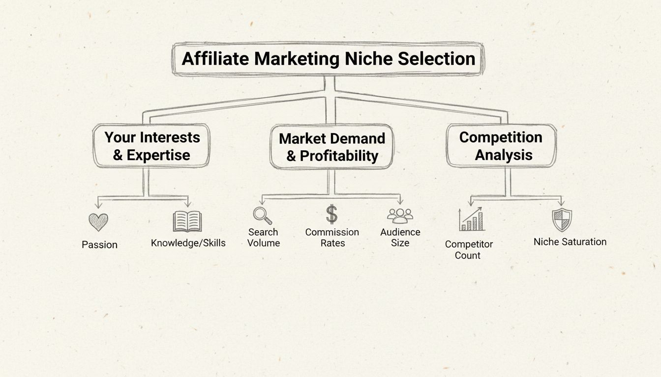 Entscheidungsbaum für die Wahl der Affiliate-Marketing-Nische mit drei Hauptzweigen: Interessen und Expertise, Marktnachfrage und Profitabilität sowie Wettbewerbsanalyse