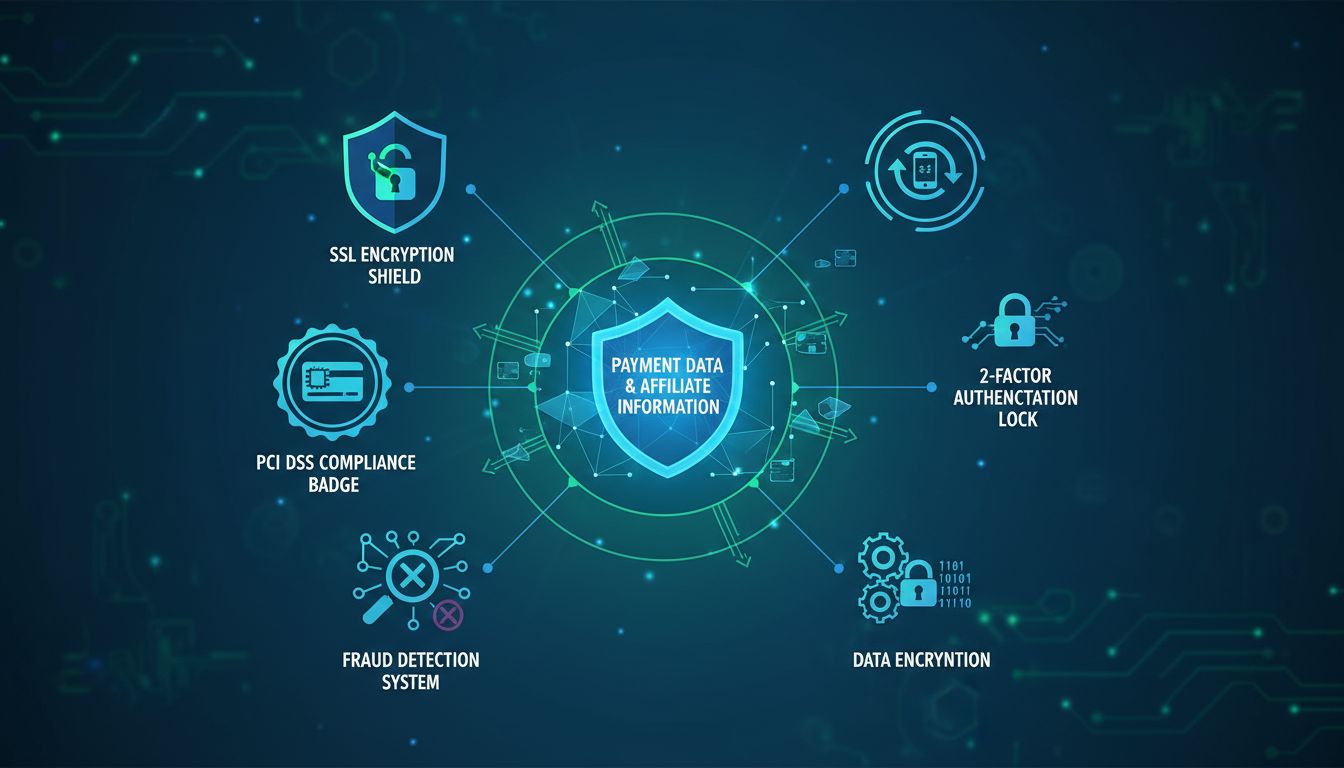 Affiliate-Plugin-Sicherheitsschichten, darunter SSL-Verschlüsselung, PCI DSS-Compliance, 2FA-Authentifizierung, Betrugserkennung und Datenverschlüsselung