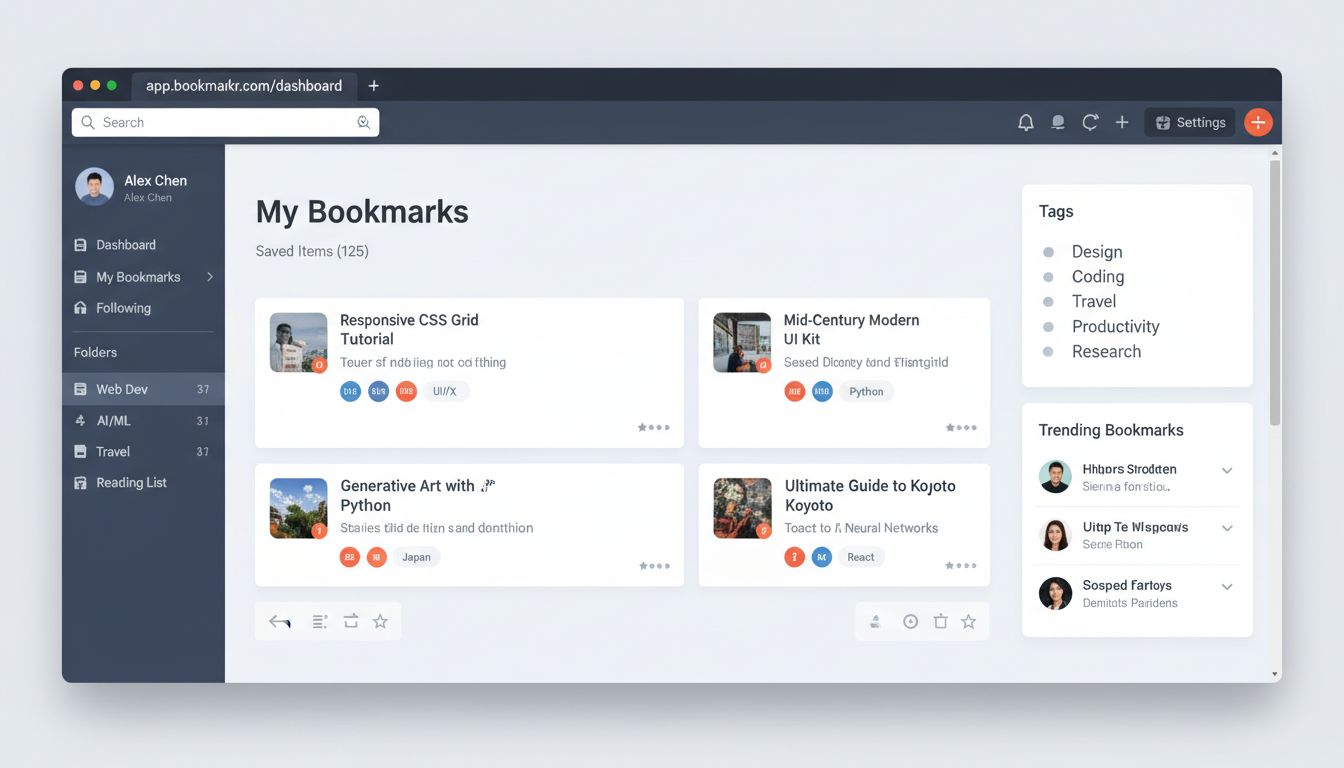 Social-Bookmarking-Plattform-Oberfläche mit organisierten Lesezeichen, Tags und Sharing-Optionen