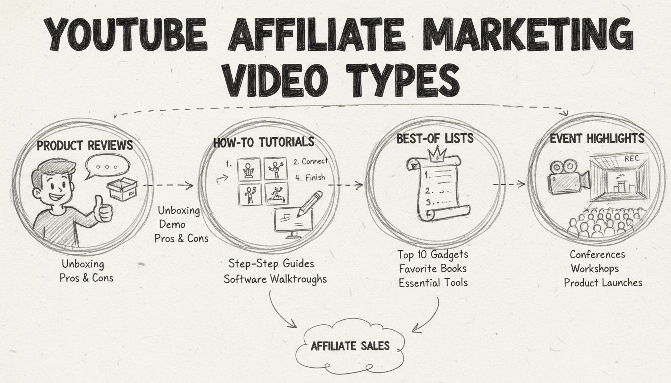 YouTube-Videoarten für Affiliate-Marketing, darunter Produktbewertungen, Tutorials, Best-of-Listen und Event-Highlights